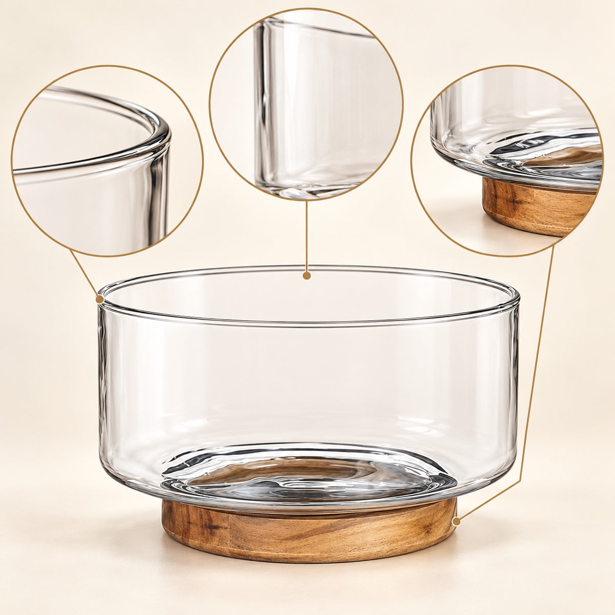Clear glass serving bowl with wooden base feature infographic