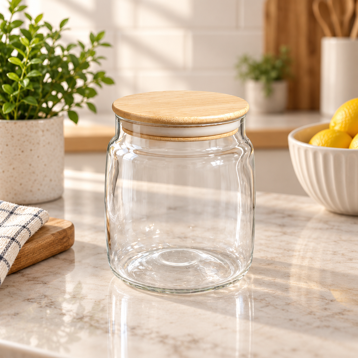 Clear glass storage jar with bamboo lid, 800ml