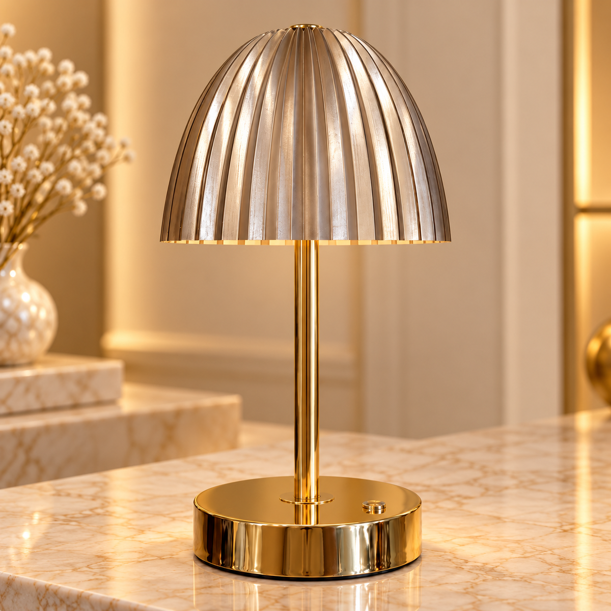 Luxury gold dome table lamp with ribbed metallic shade