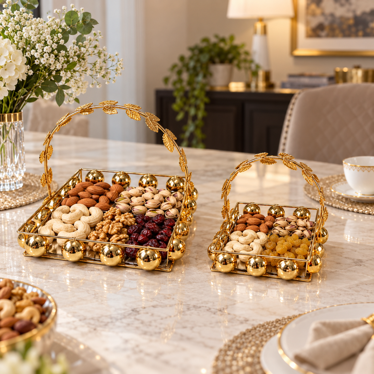 Two-piece gold dry fruit basket set with decorative leaf handles