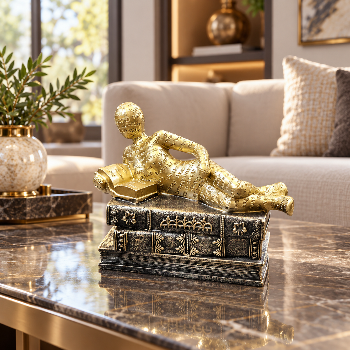 Gold reclining reader on books sculpture
