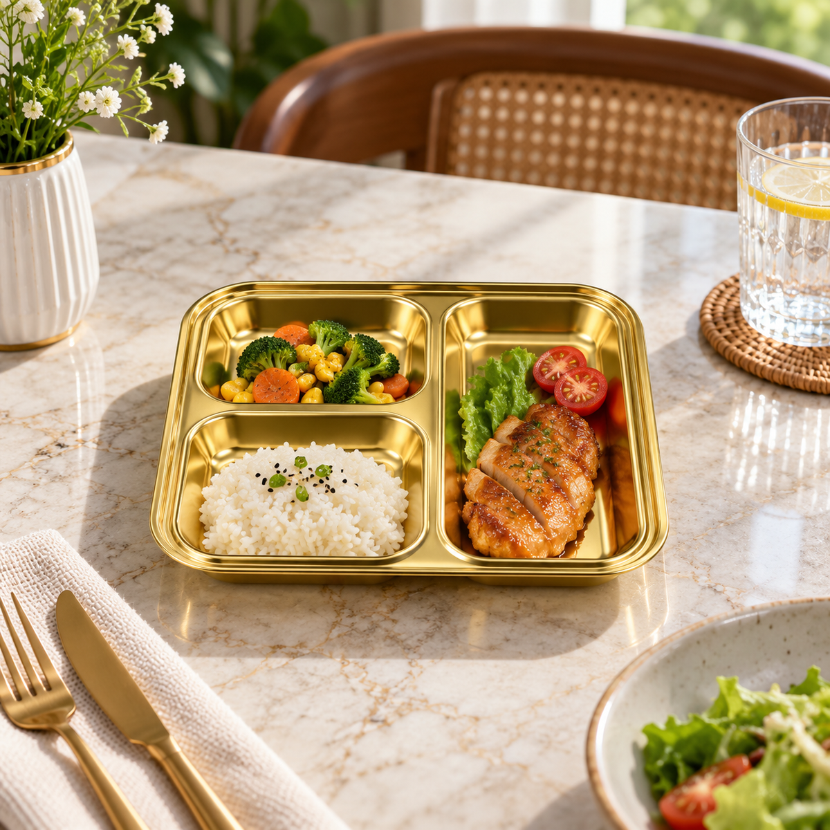 Gold Stainless Steel 3-Section Rectangular Partition Plate – Meal Tray
