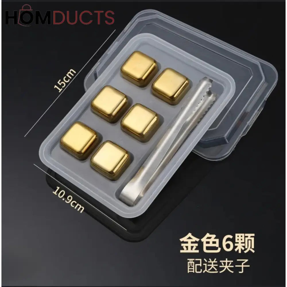 Gold Stainless Steel Reusable Ice Cubes Set – 6 Pieces with Tongs