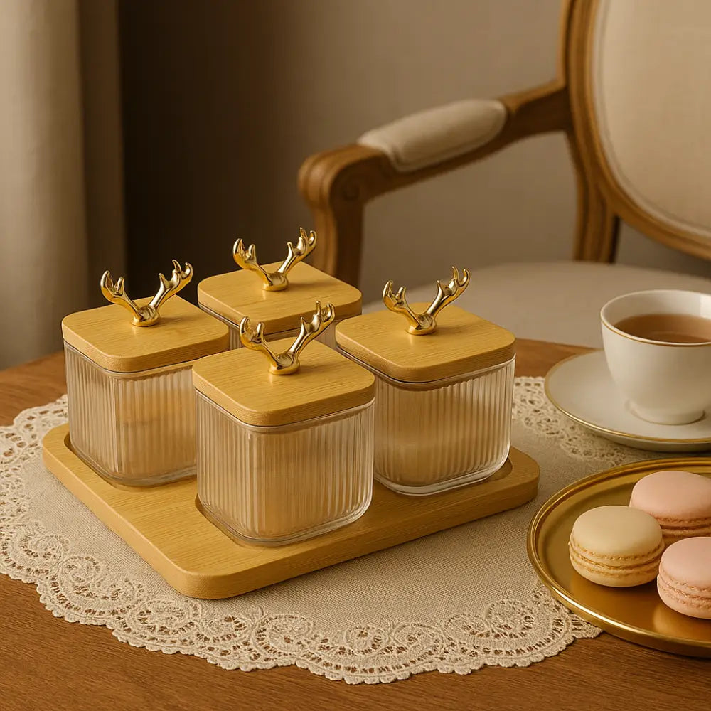 Golden Antler Spice Jar Set – 4-Piece Bamboo & Glass Organizer