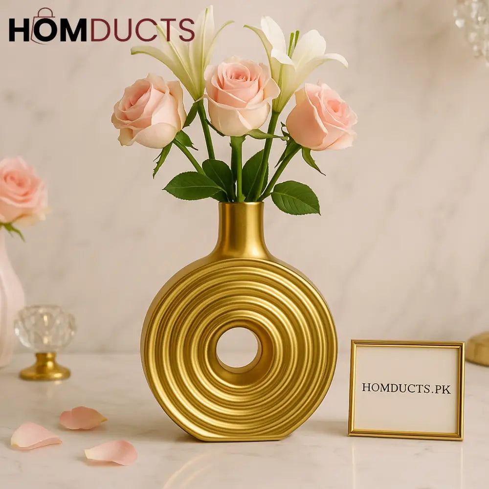 Golden Luxe Circle Vase with Roses & Lilies