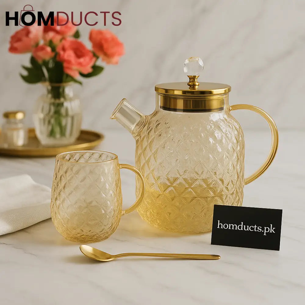 Golden Luxe Diamond Glass Tea Set – 13 Piece (1 Kettle 6 Glasses & 6 Spoons