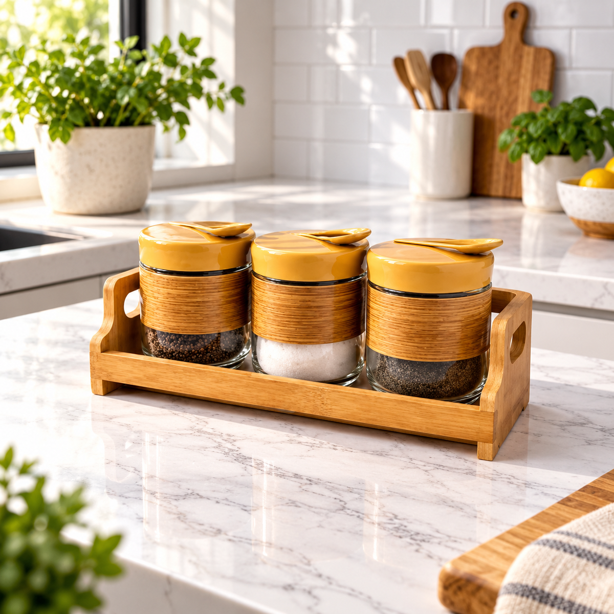 Three-piece spice jar set with wooden stand