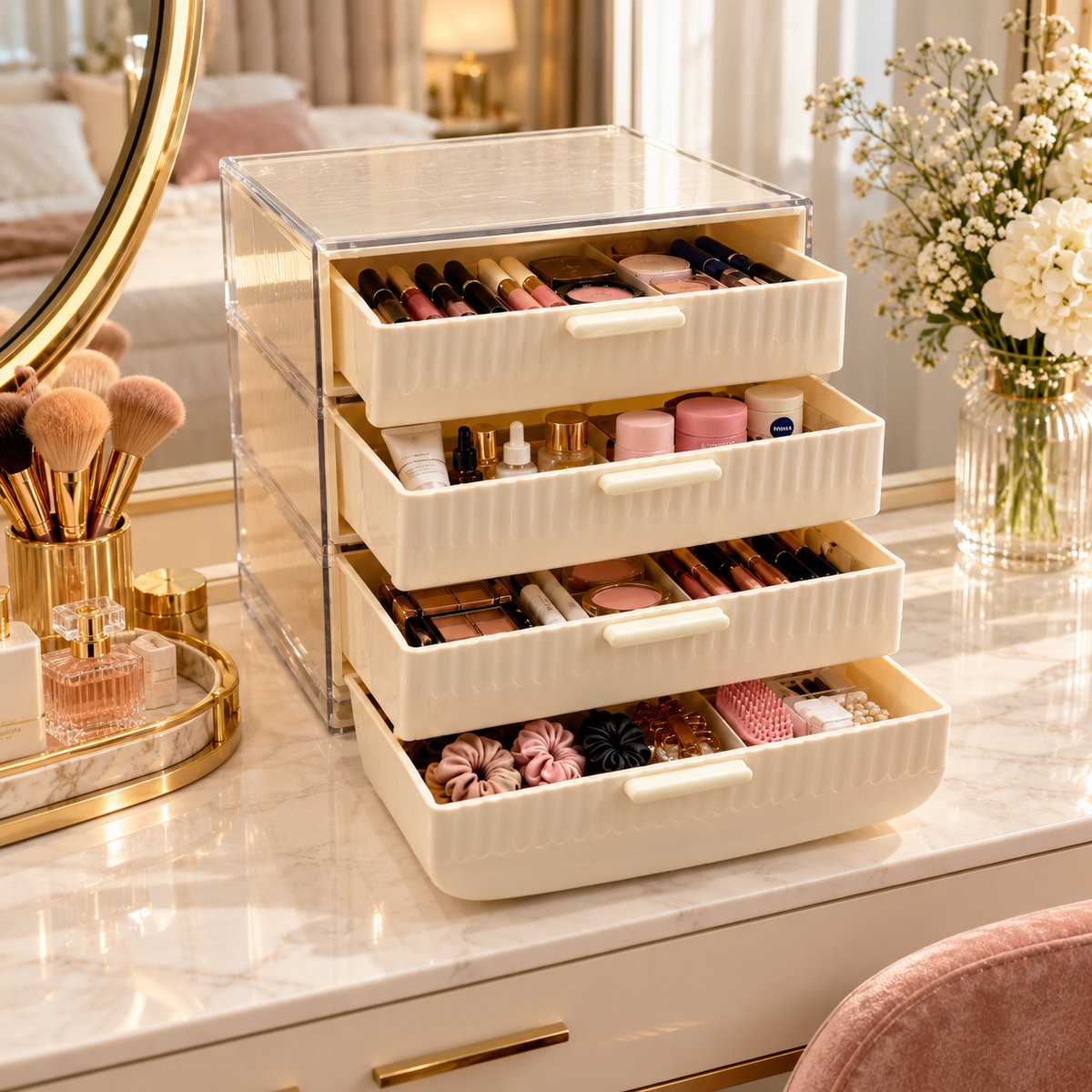 Four-tier stackable cosmetic drawer organiser