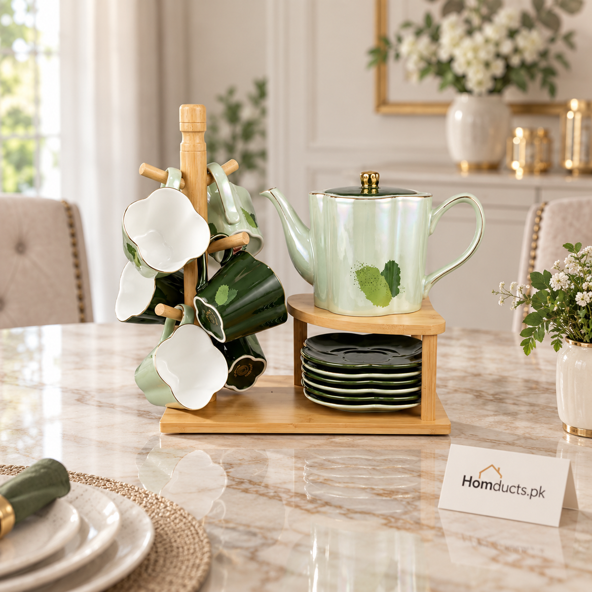 Green Cup & Saucer Tea Set with Wooden Stand – 15 Pieces