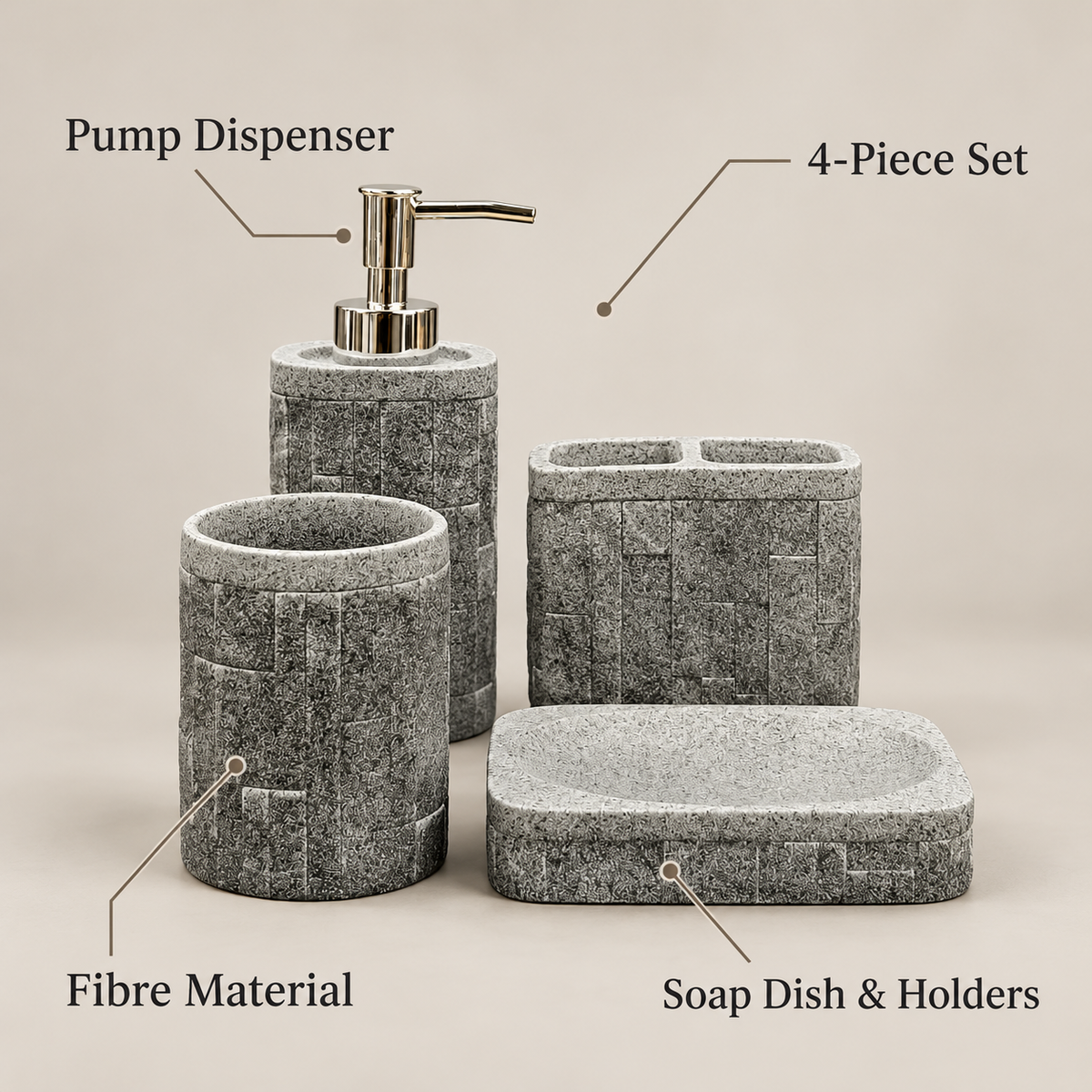 Grey Block Texture four-piece fibre bathroom accessory set – features and included pieces