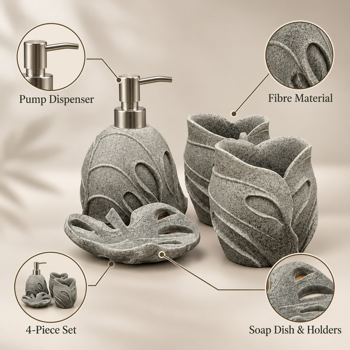 Grey Leaf four-piece fibre bathroom accessory set – features and included pieces
