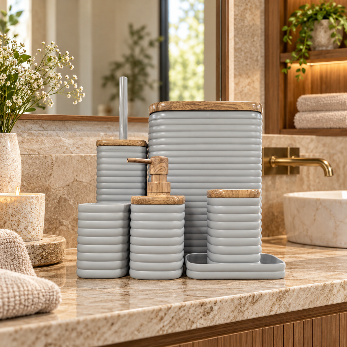 Luxury Grey Ribbed 6-Piece Bathroom Accessory Set