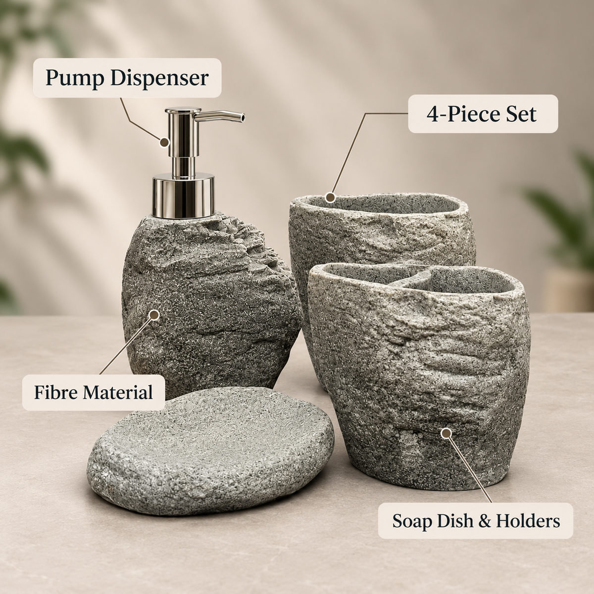 Grey Rock Texture four-piece fibre bathroom accessory set – features and included pieces