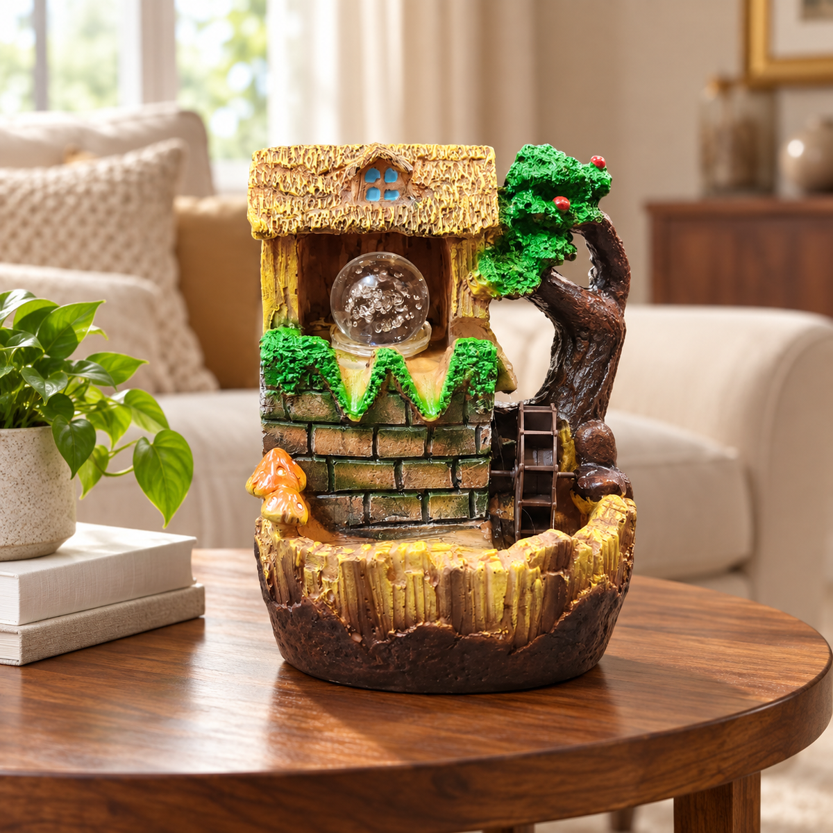 8-Inch Thatched Cottage Tabletop Water Fountain with Waterwheel