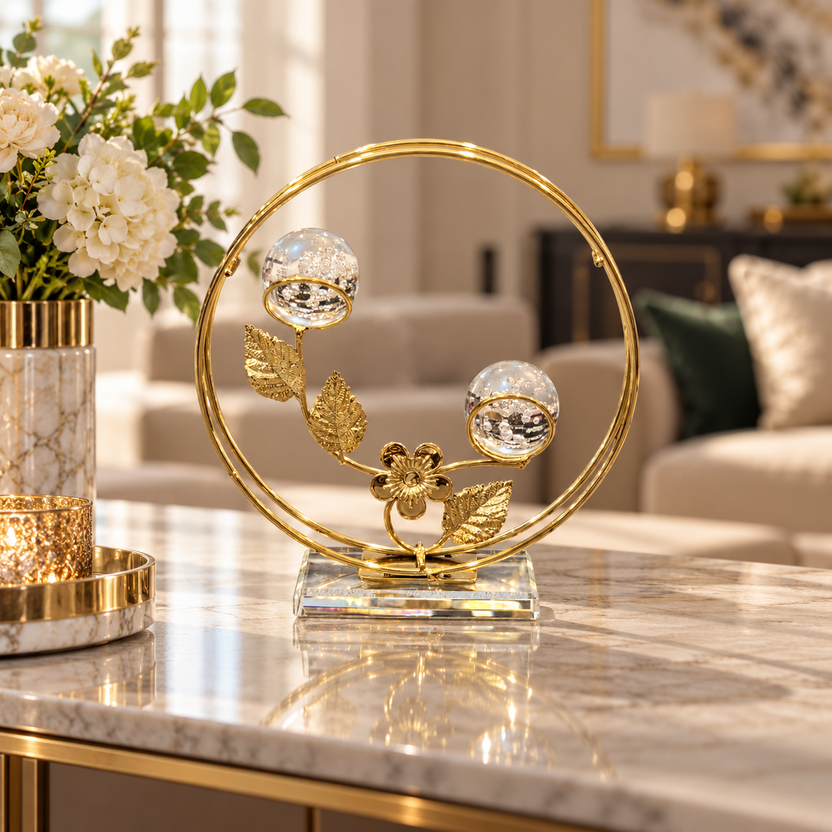 Gold circular crystal floral tabletop ornament