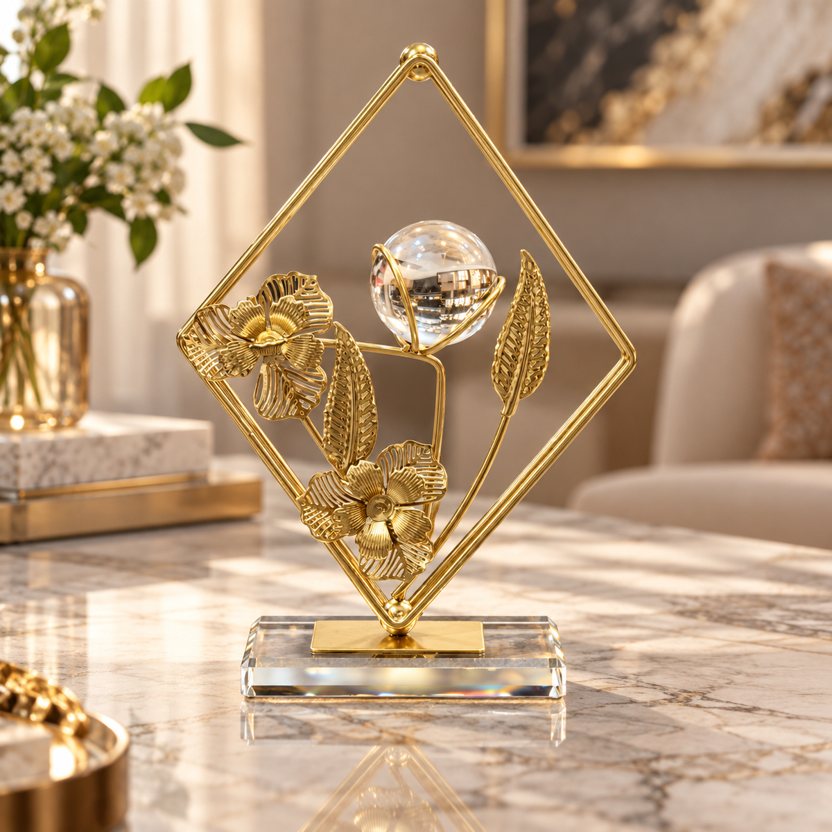 Diamond Floral Crystal Tabletop Ornament – Gold