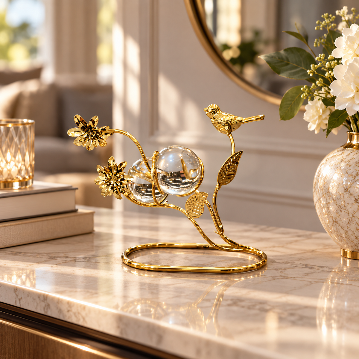 Gold bird and crystal floral tabletop ornament