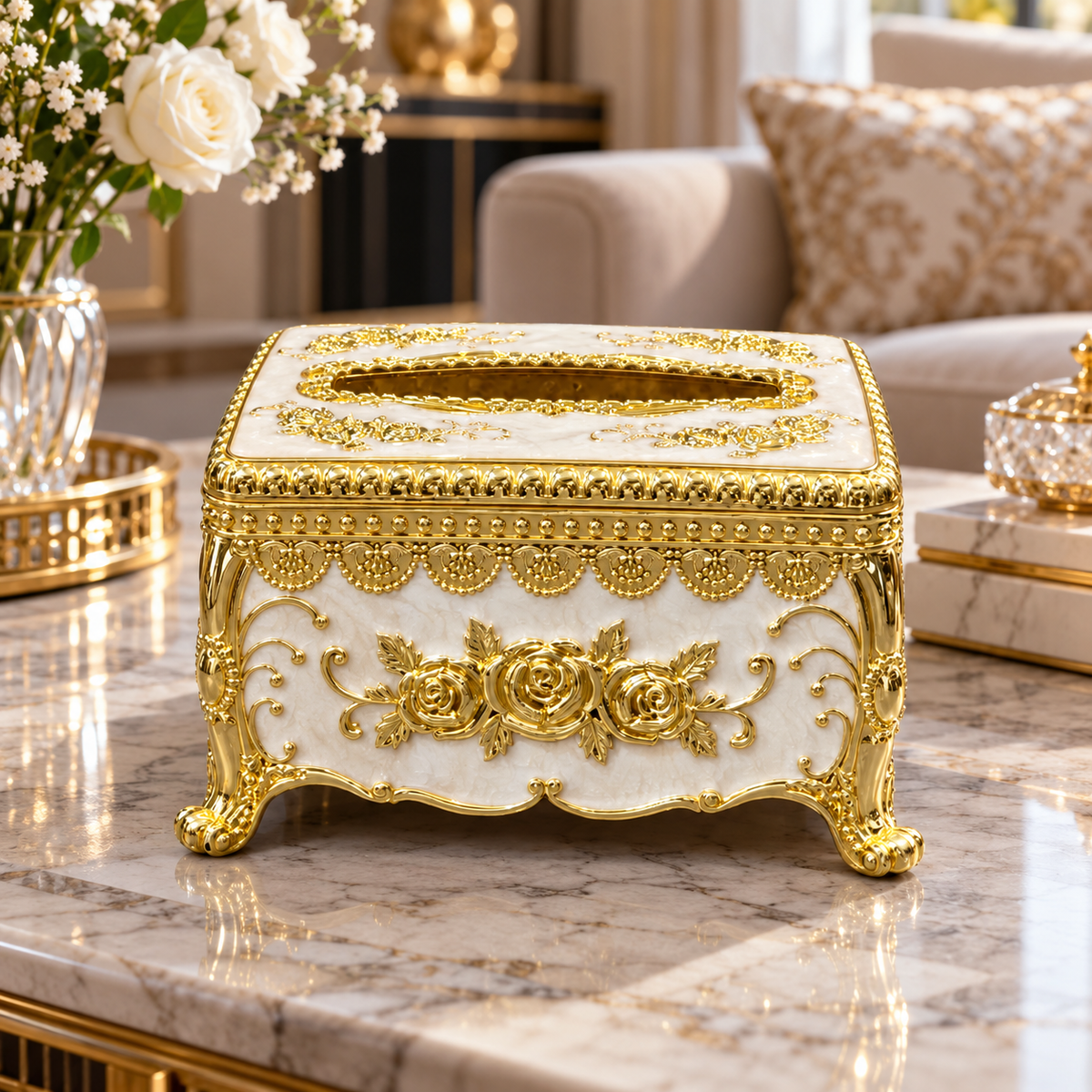 Ornate Rose Tissue Box Cover – Ivory & Gold