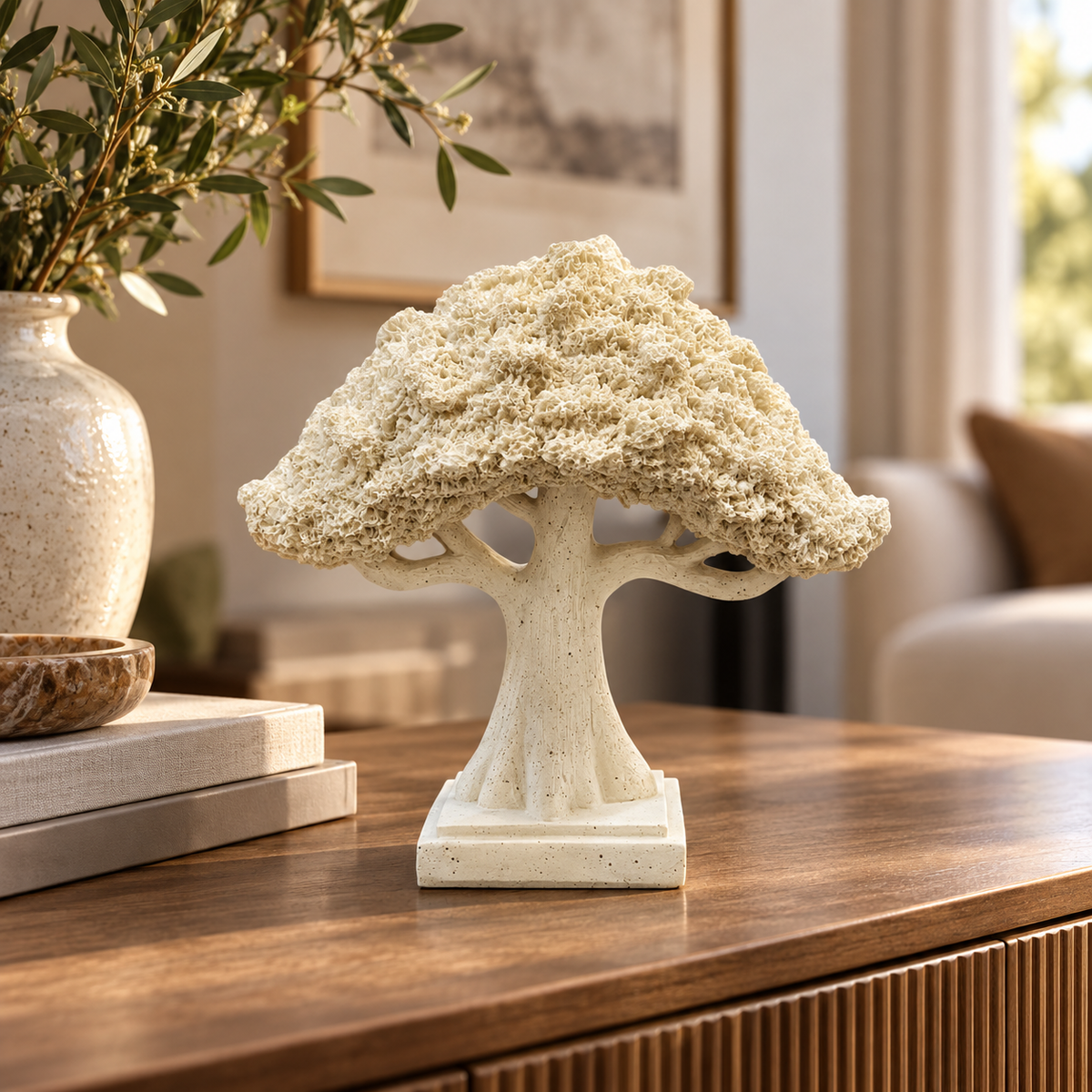 Cream sculptural tree ornament on a modern console