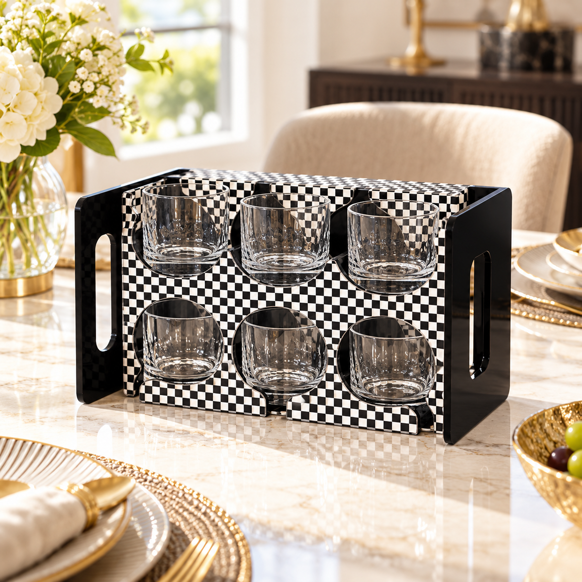 Checkerboard six-slot glass and coaster caddy