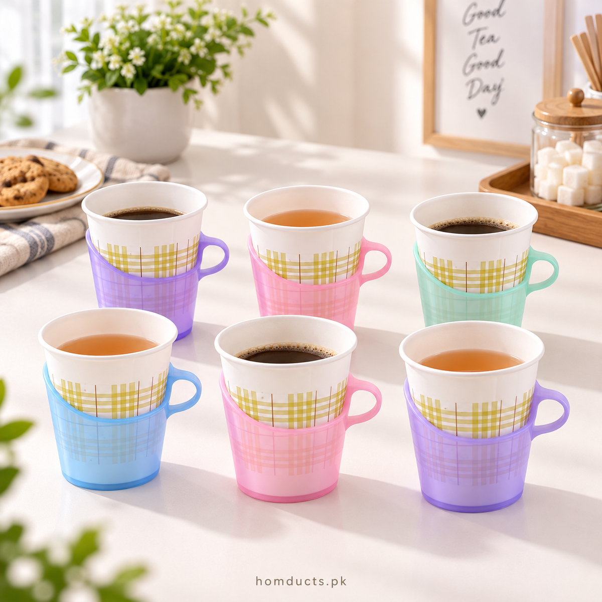 Reusable pastel plastic paper cup holders with handles