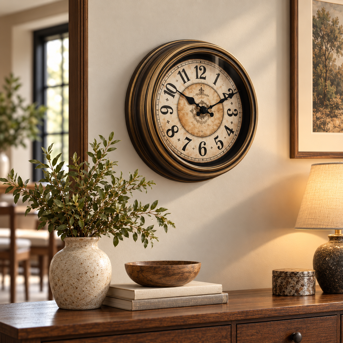 Heritage antique classic wall clock in a styled living room