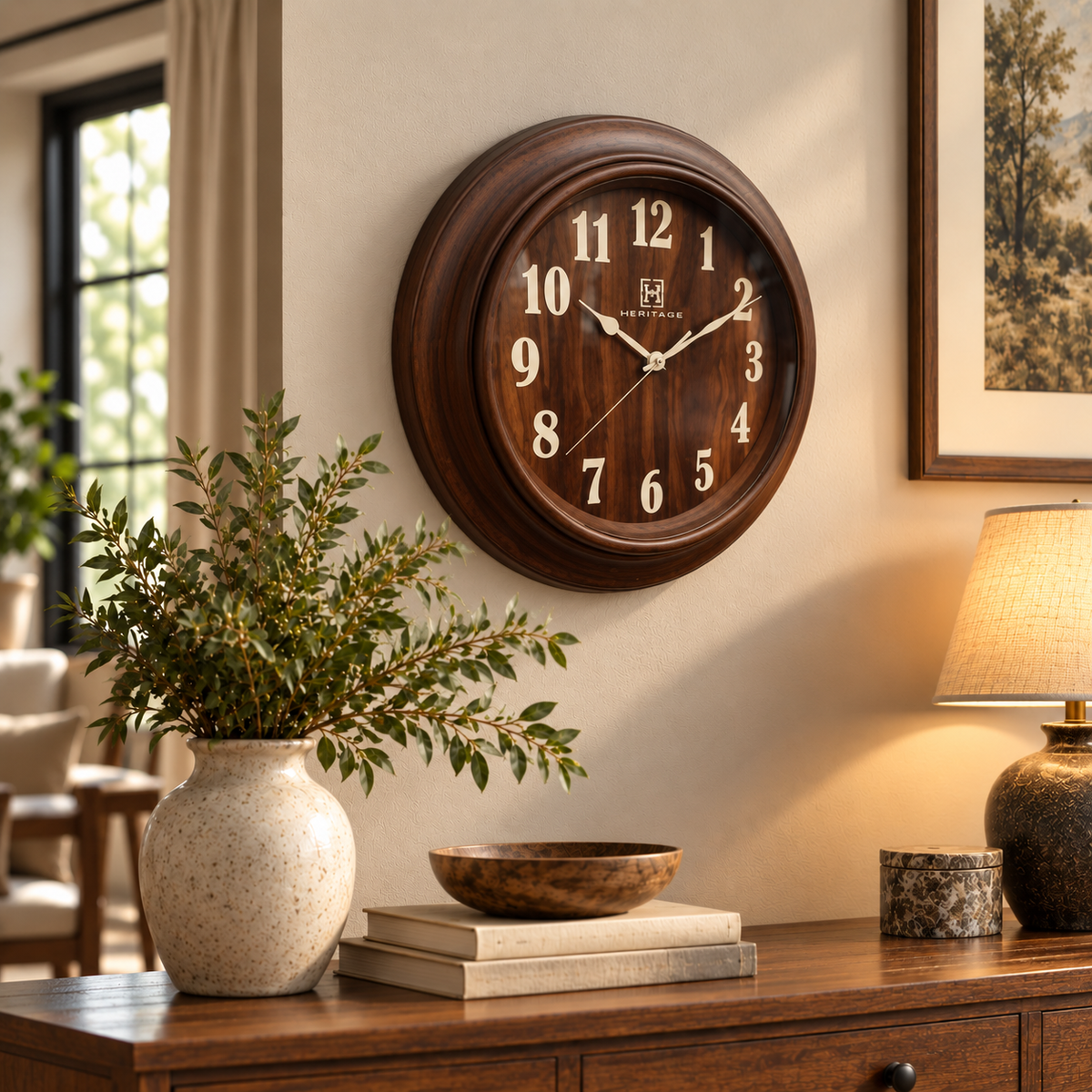 Heritage Ocean 18 inch wood look wall clock in living room