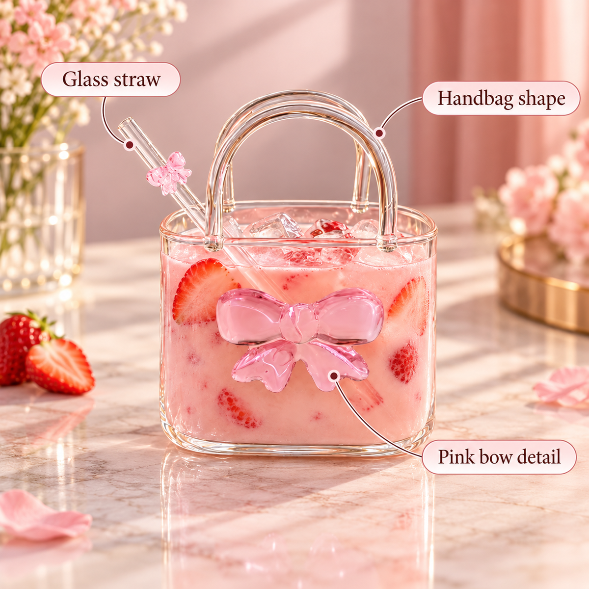 Glass Handbag Coffee Mug with Straw – Pink Bow – infographic