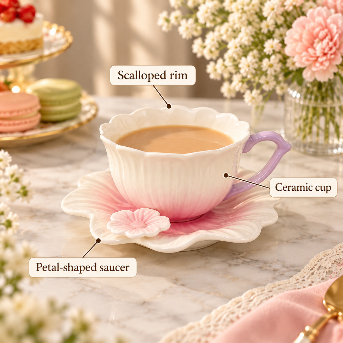 Ceramic Flower Cup and Saucer – Pastel Petal Design – infographic