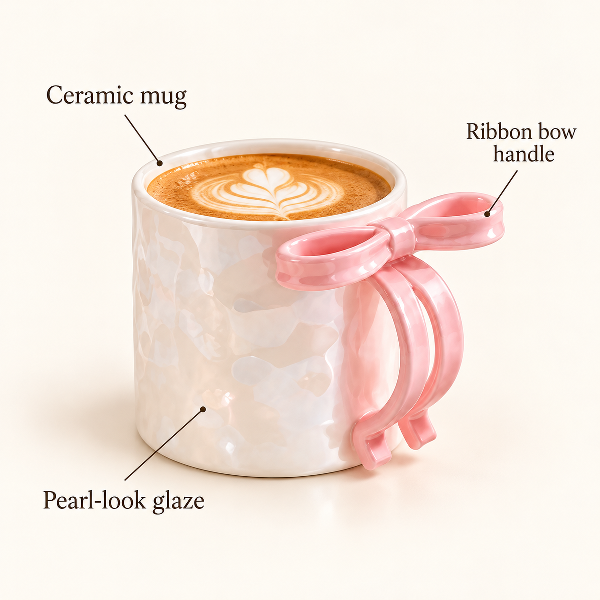 Pearl Glaze Ceramic Coffee Mug with Pink Bow Handle – infographic