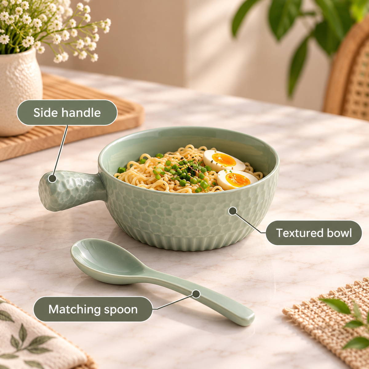 Ceramic Soup Bowl with Handle and Spoon – infographic