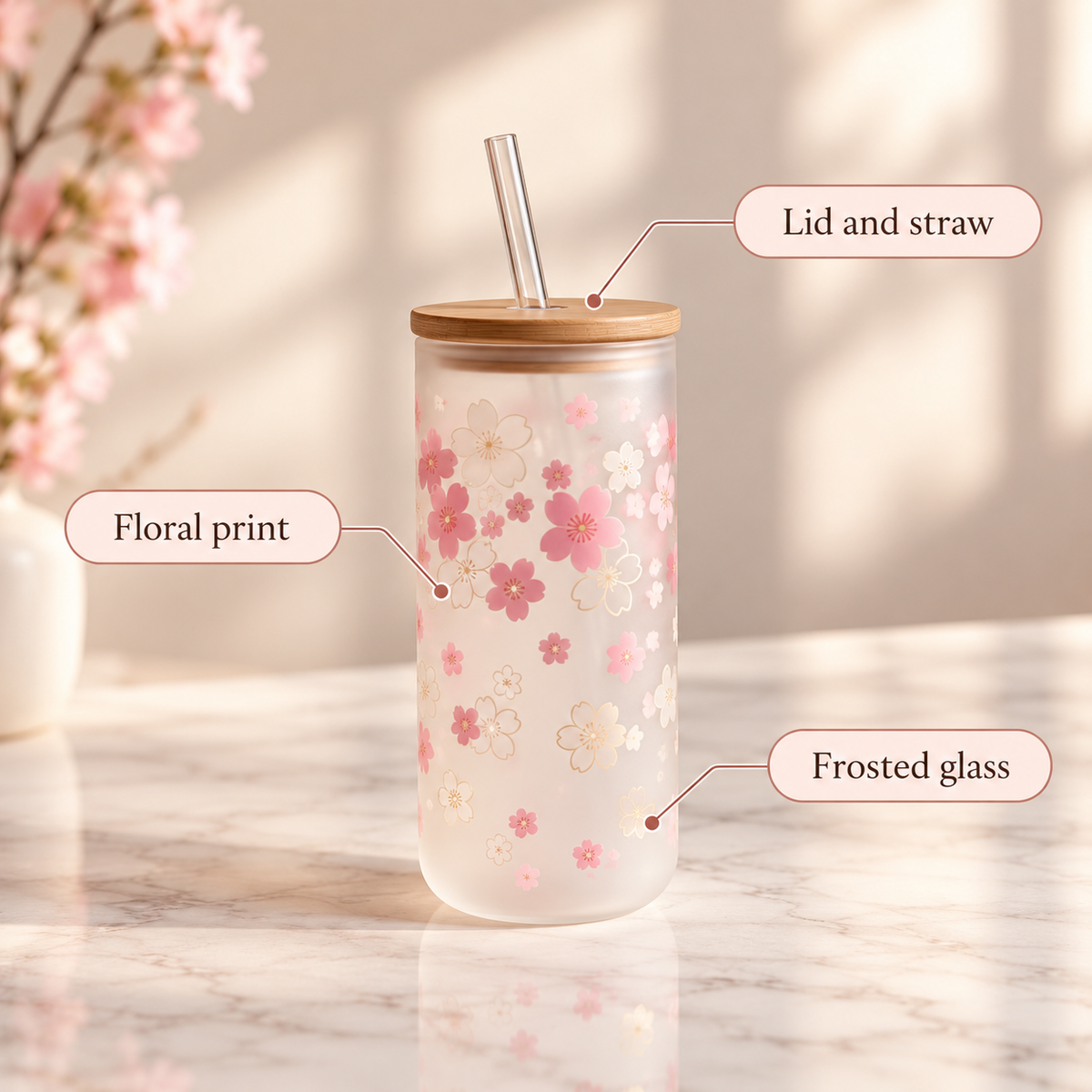 Frosted Floral Glass Tumbler with Lid and Straw – infographic