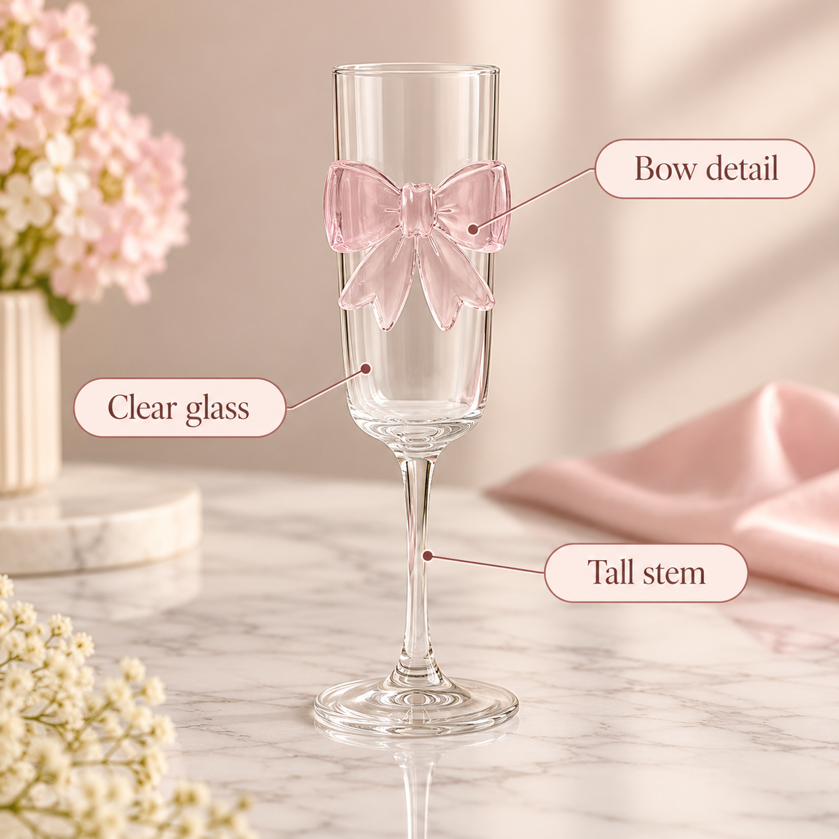 Bow Detail Stemmed Flute Glass – Pastel Colours – infographic