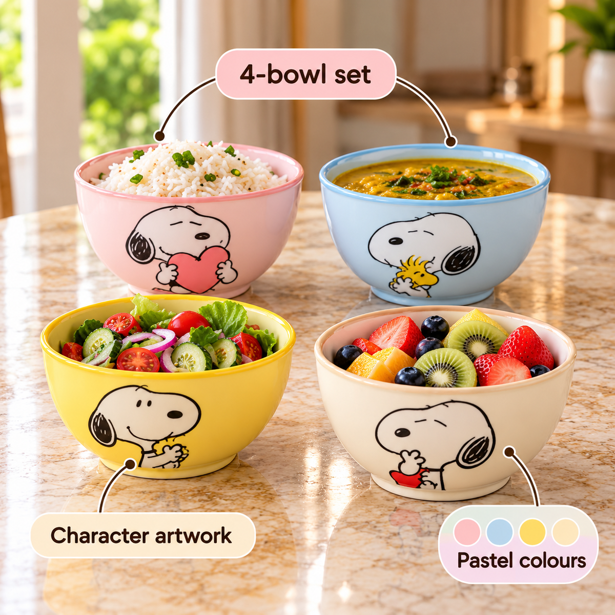 Snoopy Ceramic Bowl Set – 4 Pastel Bowls – infographic