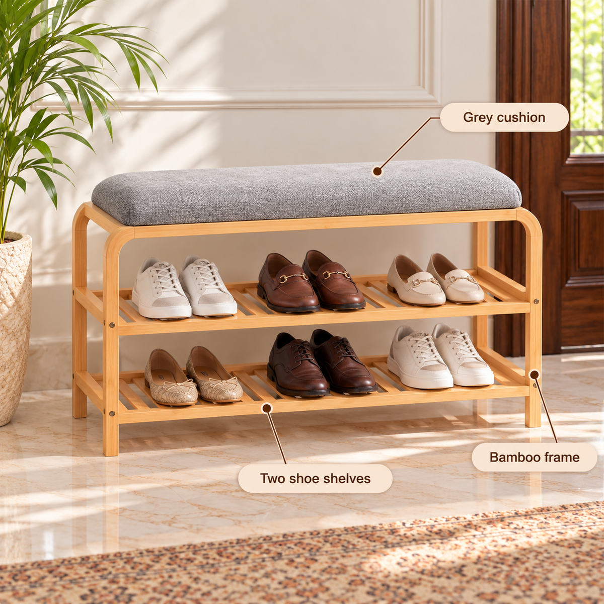 Bamboo Shoe Bench with Two Shelves and Grey Cushion – infographic