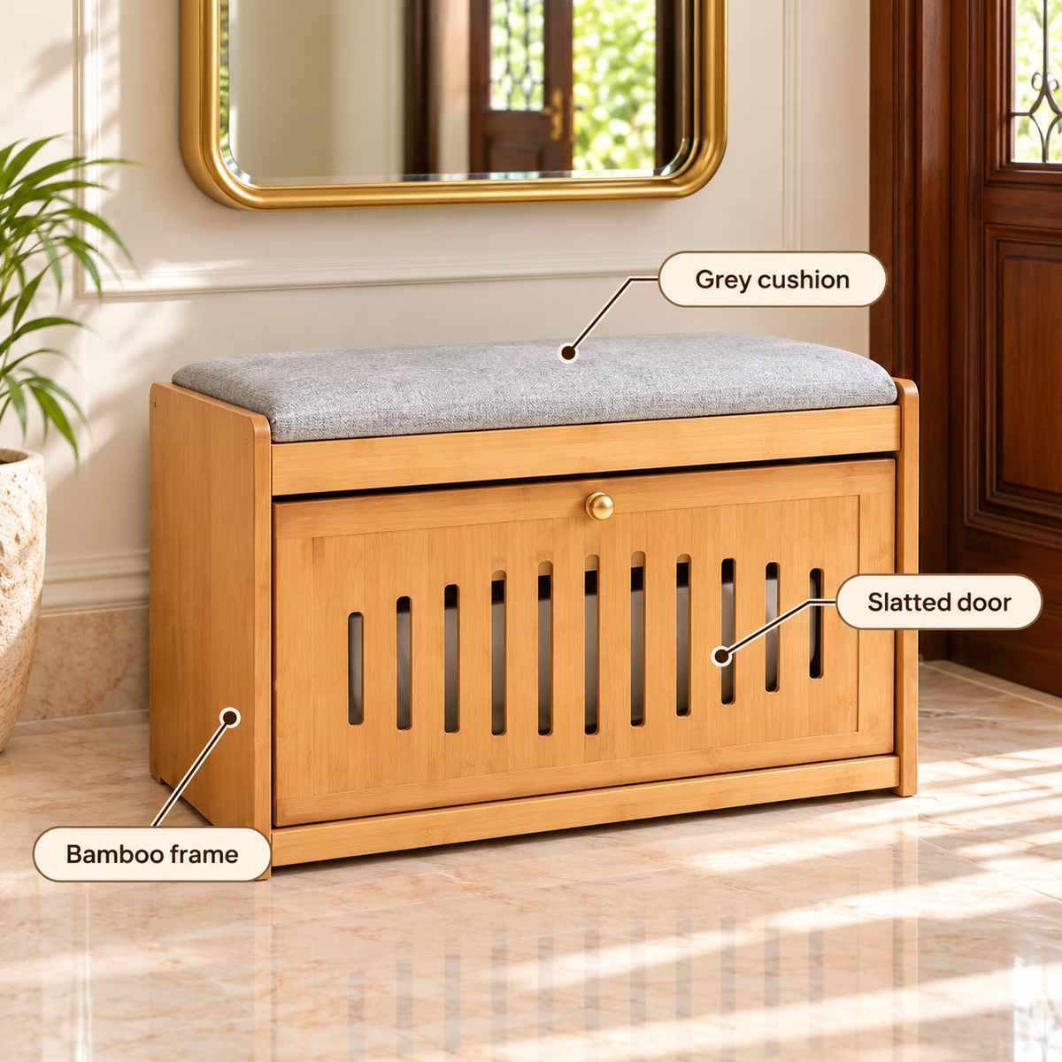 Bamboo Storage Bench with Slatted Door and Grey Cushion – infographic