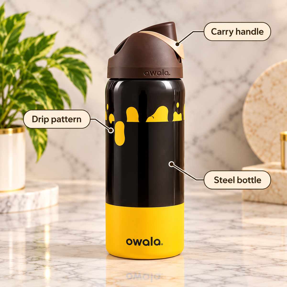 Owala Insulated Steel Water Bottle – Black and Yellow Drip – infographic