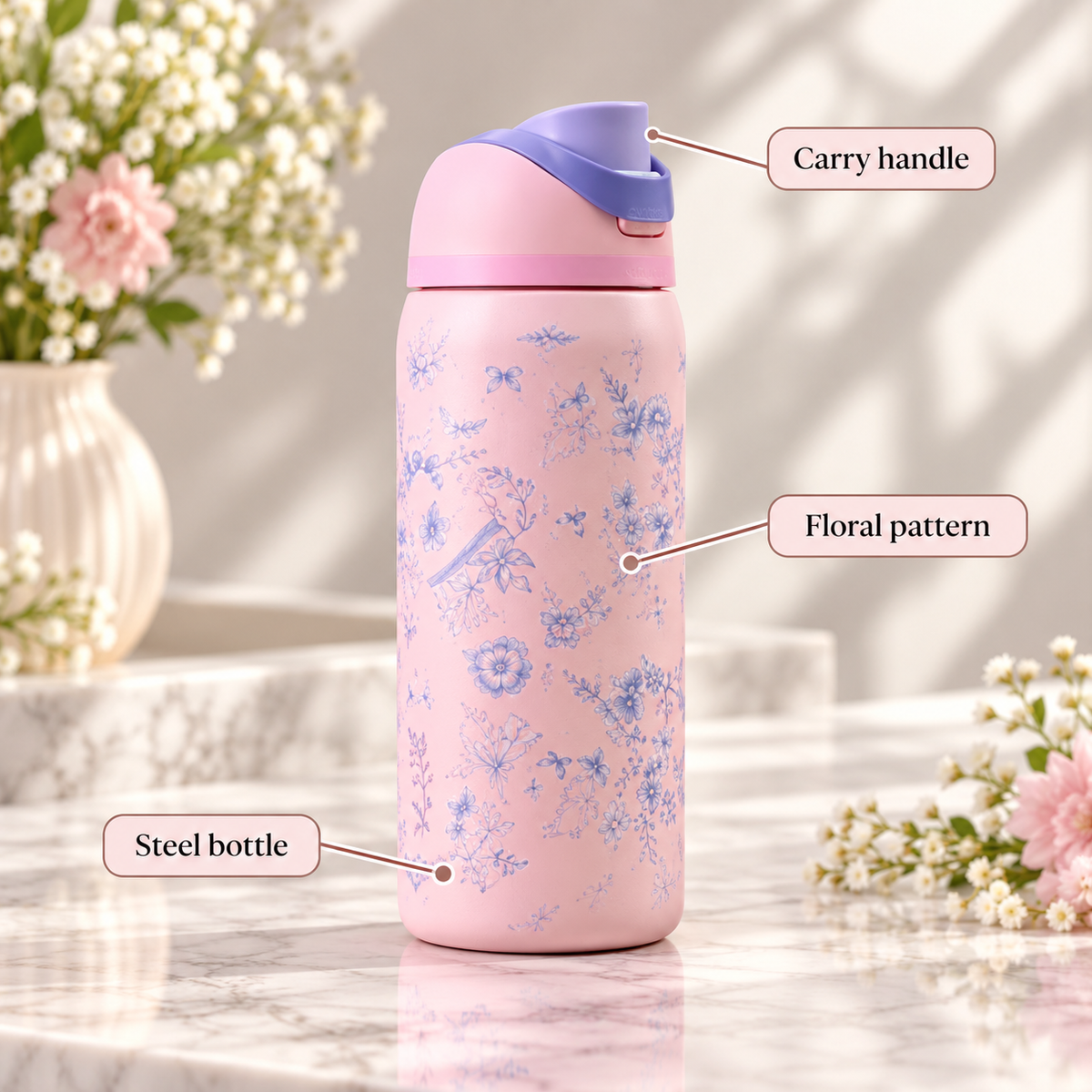 Owala Insulated Steel Water Bottle – Pink Floral – infographic