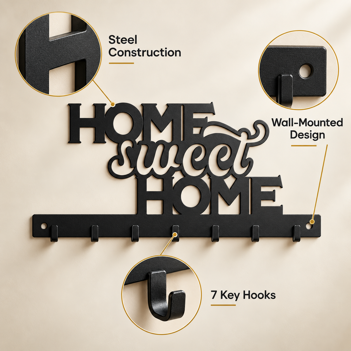 Home Sweet Home Script steel wall key holder feature details