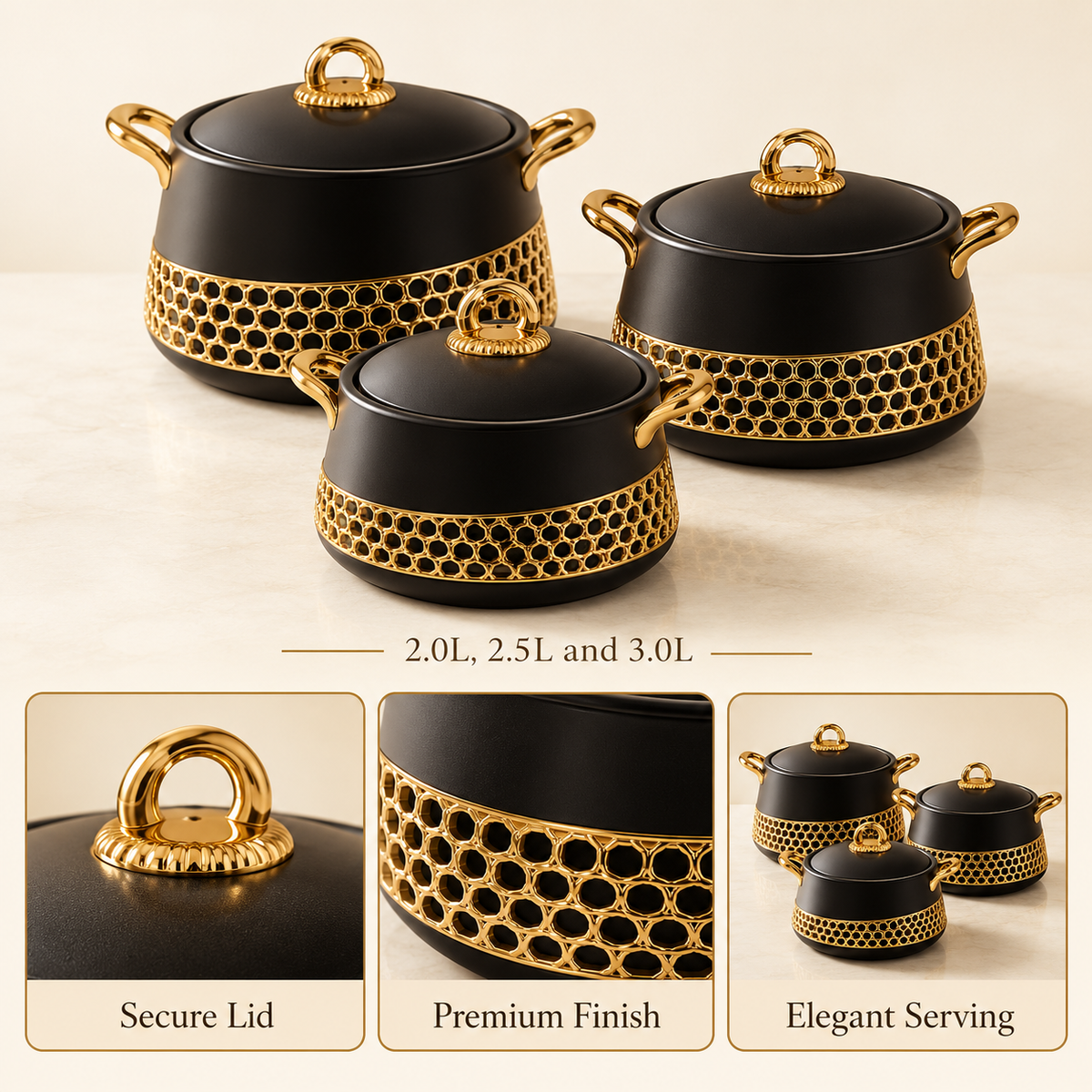 Luxury Manzin 3-Piece Hot Pot Set – Black & Gold features and capacity details