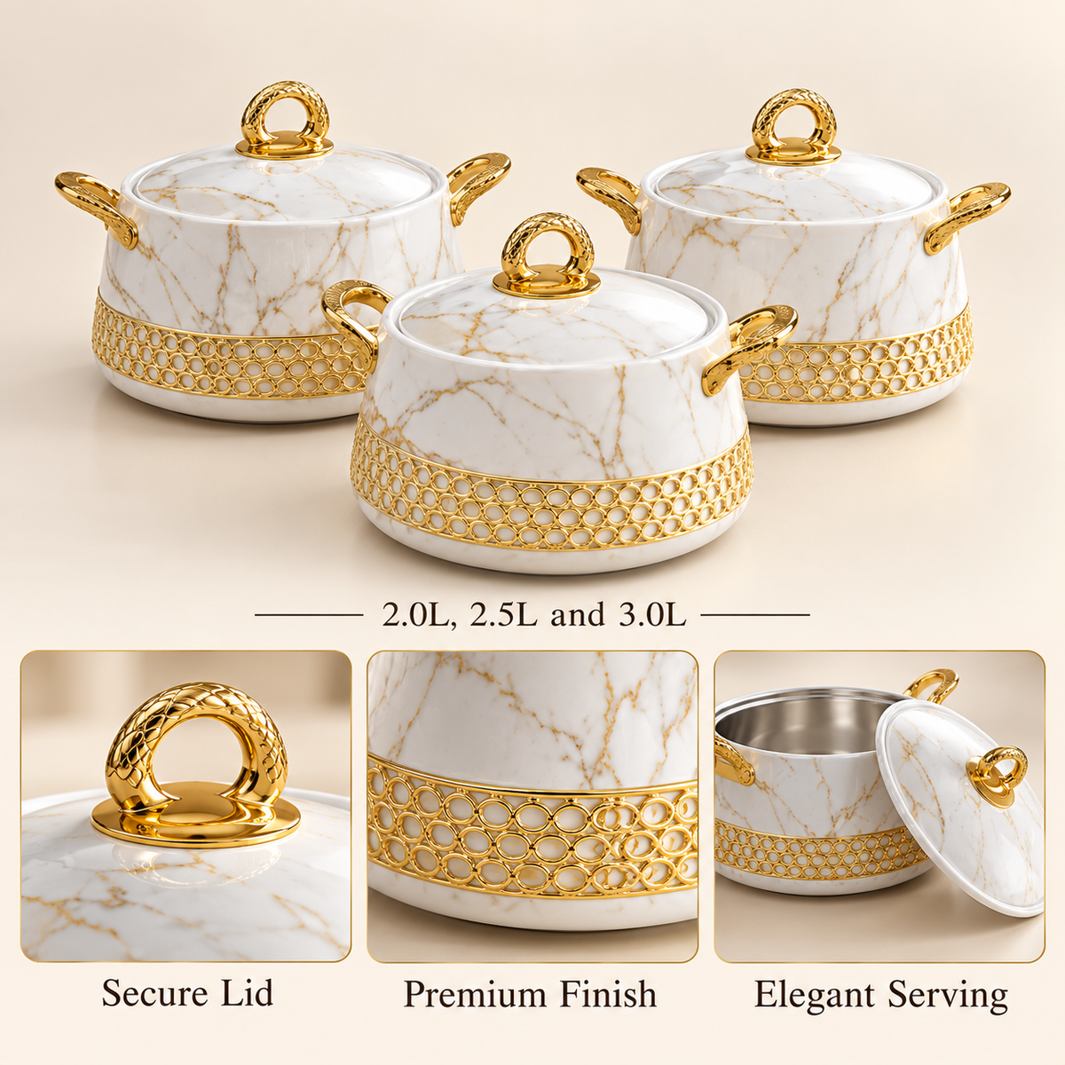 Luxury Manzin 3-Piece Hot Pot Set – White Marble & Gold features and capacity details