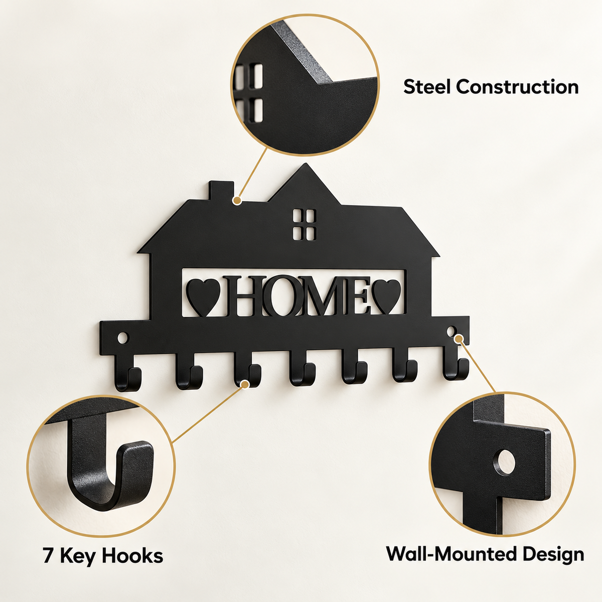 House-Shaped Home steel wall key holder feature details
