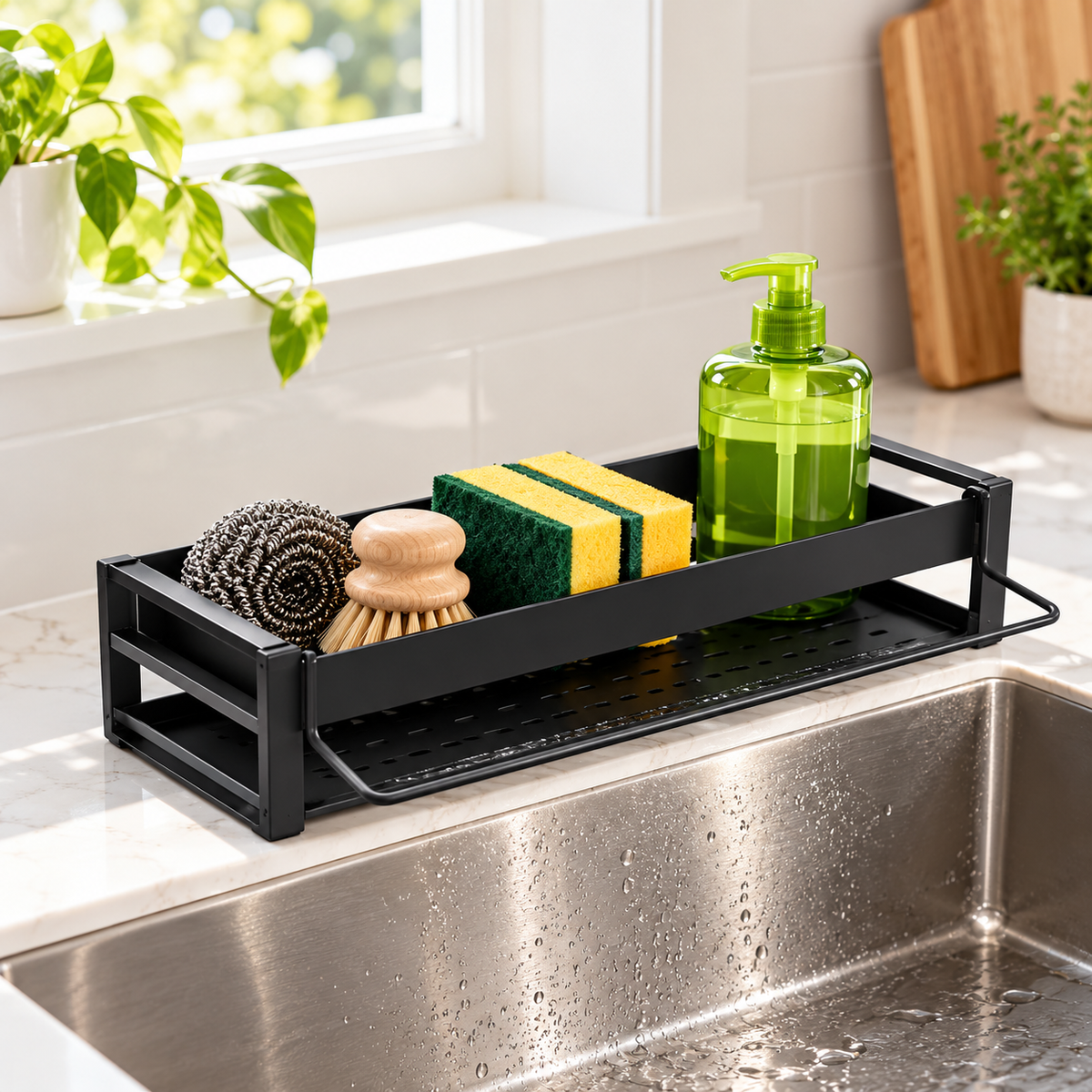 Black Kitchen Sink Storage Rack with Drain Tray