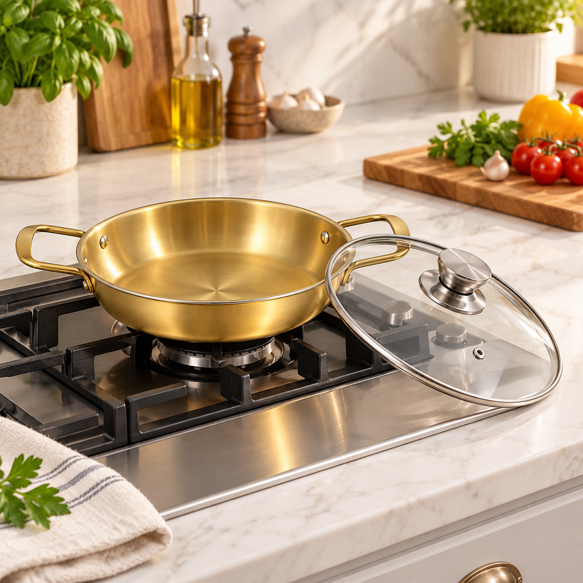 26 cm Golden Stainless-Steel Cooking Pot with Glass Lid