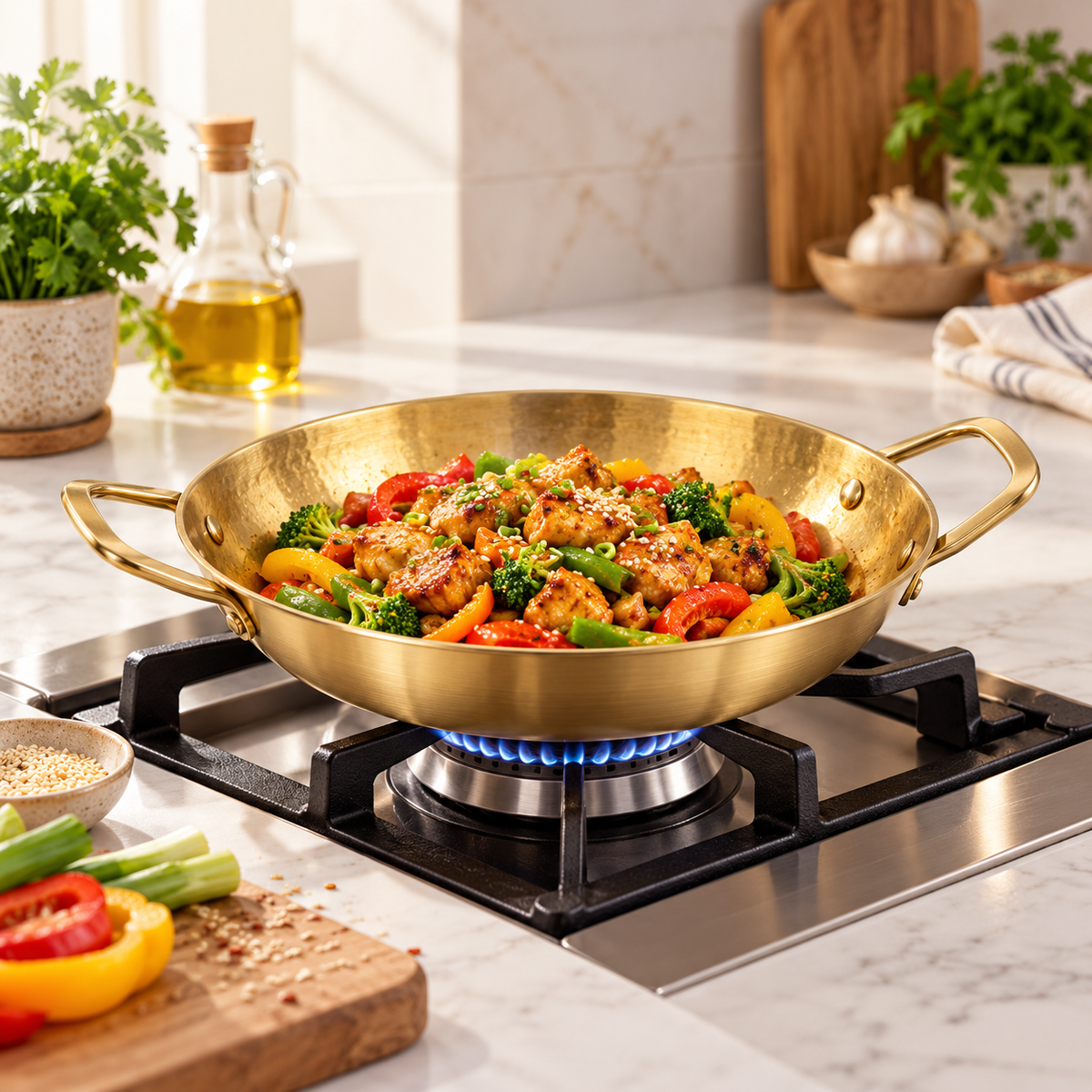24 cm Golden Stainless-Steel Flat Korean-Style Karahi