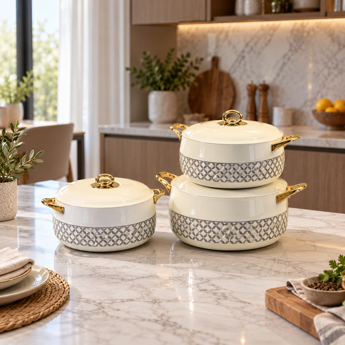 Ivory and gold three-piece insulated hot pot set