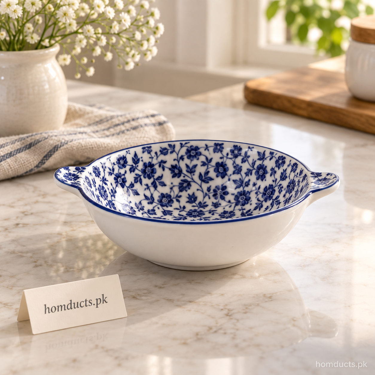 Blue Floral Ceramic Double-Handle Piyali – 7 Inch