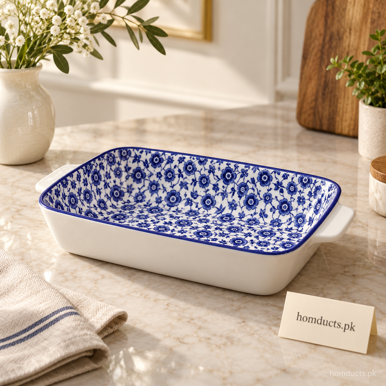 Blue Floral Rectangular Ceramic Serving Dish – 9 Inch