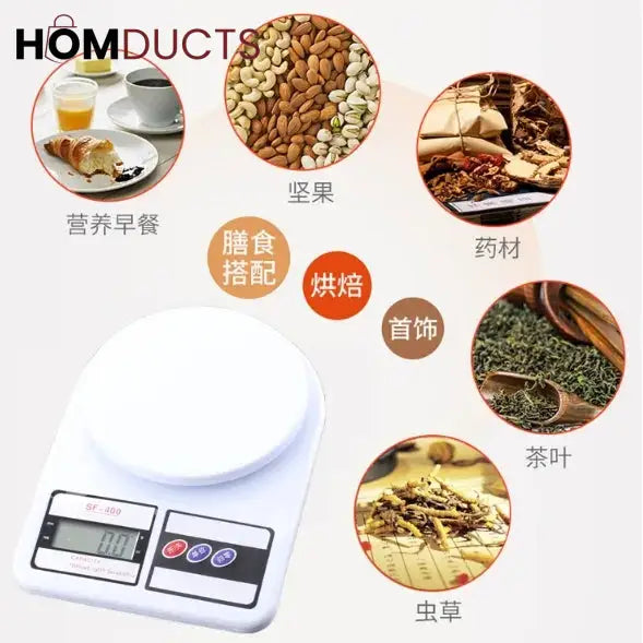 Kitchen weighing scale shown with examples of dry ingredients and food