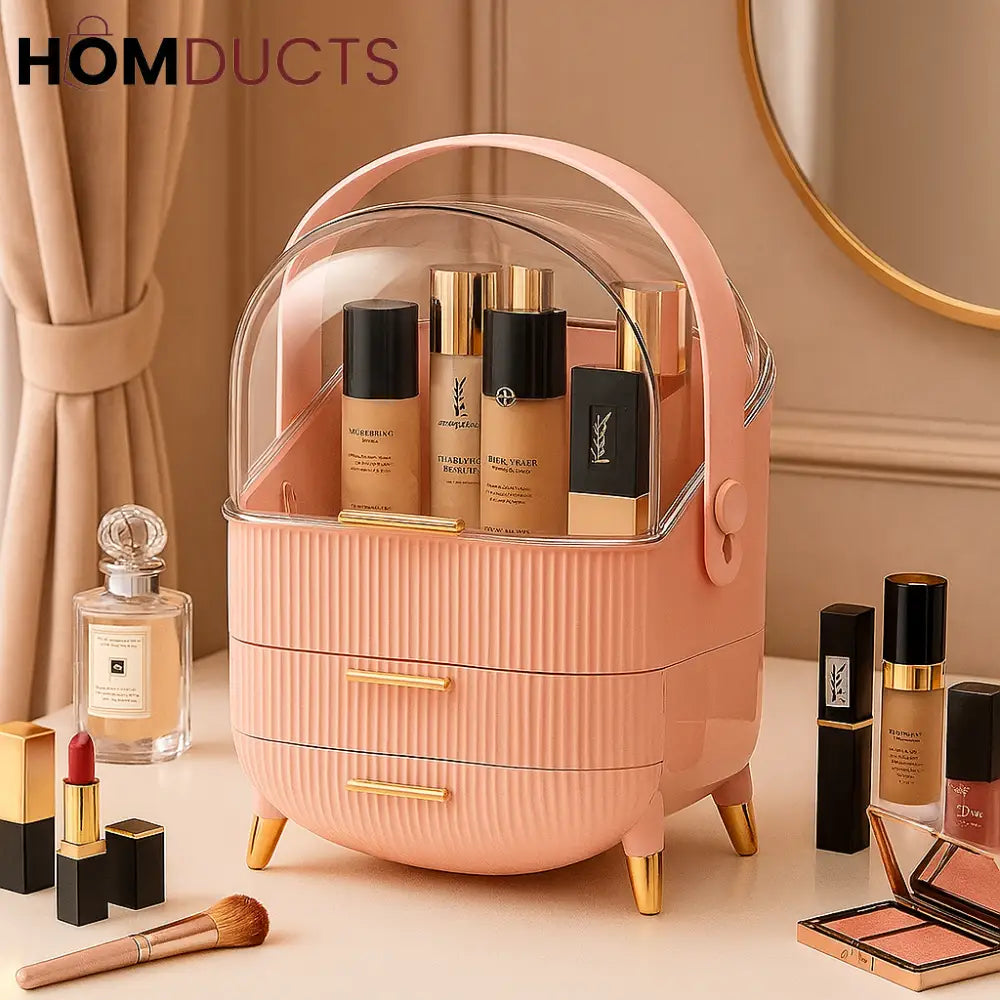 Pink cosmetic organizer with carry handle and beauty products under its clear cover